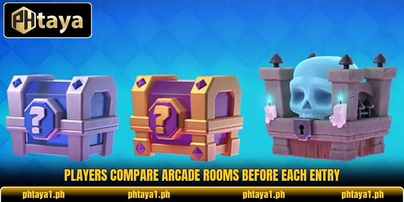 Players compare arcade rooms before each entry Players compare arcade rooms before each entry